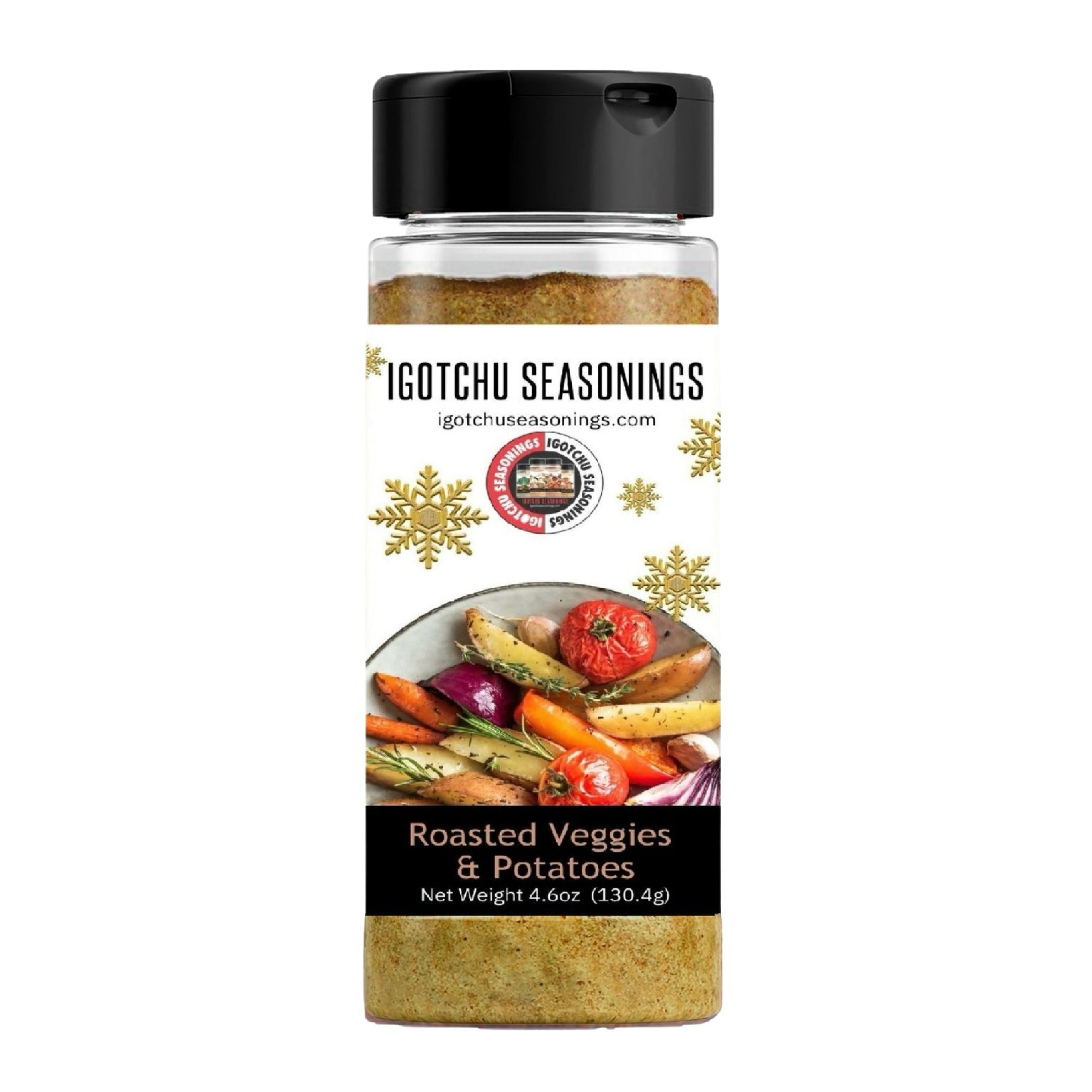Roasted vegetables in a bowl, Igotchu Seasonings Roasted Veggie 5.5 oz Holiday Limited Edition packaging on a wooden table.