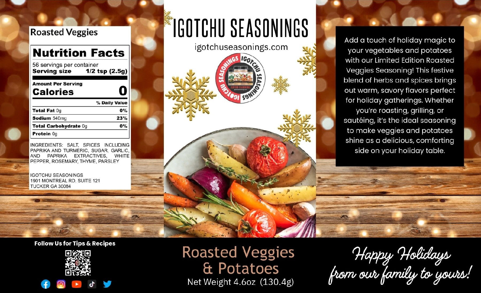Igotchu Seasonings roasted veggie mix label showing potatoes and colorful vegetables in a 5.5 oz limited edition package