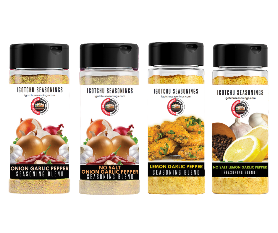 Igotchu Seasonings Salt and No Salt Pepper shakers, black and white pepper varieties on a white background