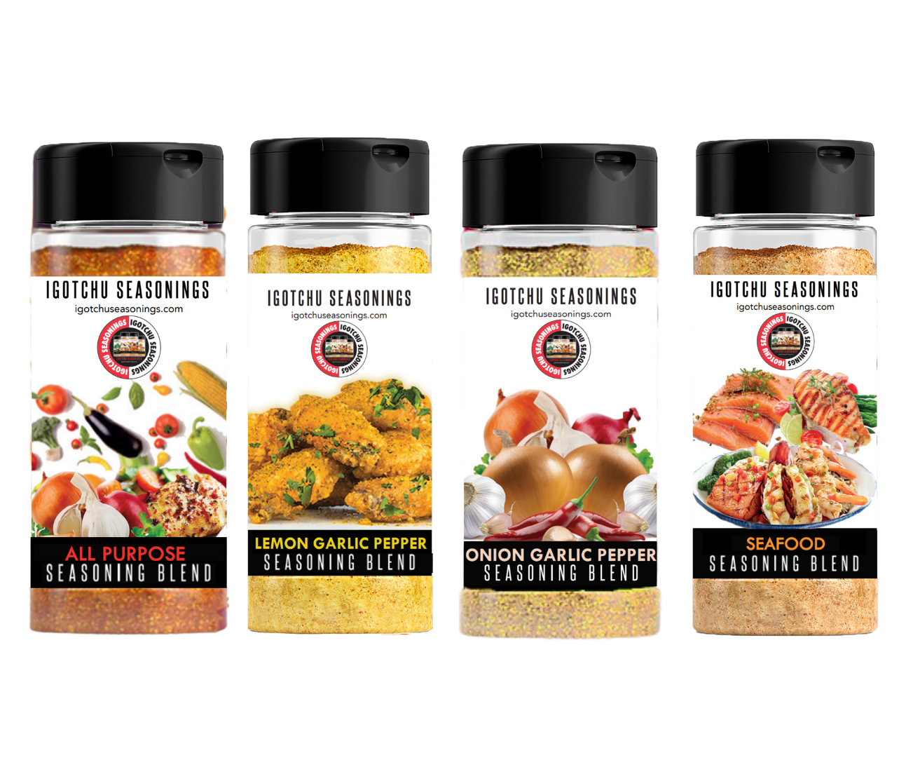 Assorted seafood spices and seasonings package from Igotchu Seasonings for seafood lovers, displayed in a colorful box.