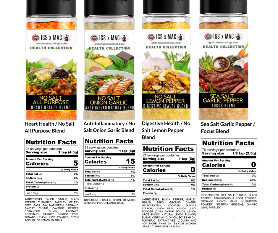 Igotchu Seasonings 8 oz Health Collection Collab Bundle with assorted spice jars and packaging on a white background.