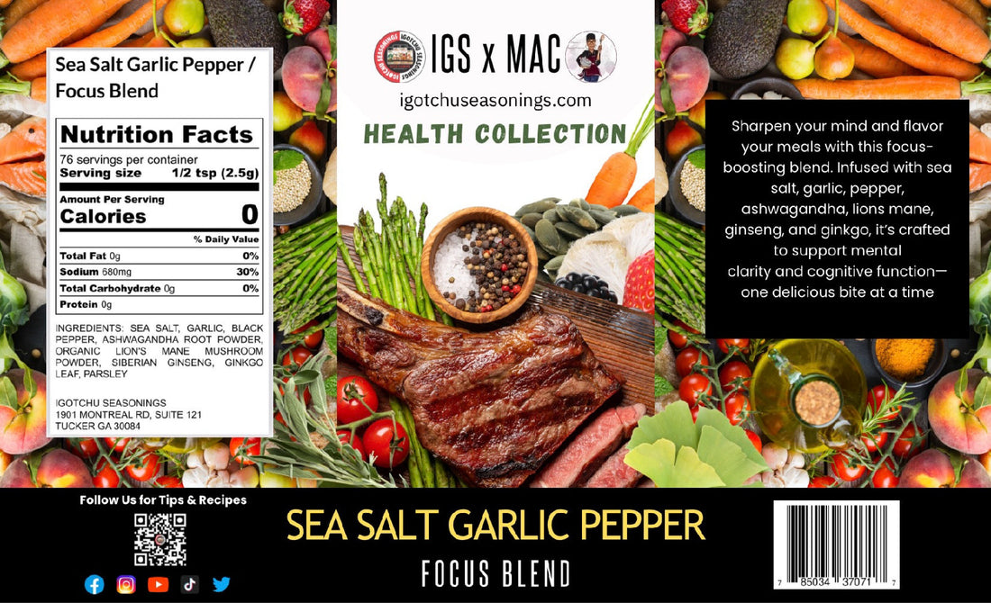 Igotchu Seasonings Health Collection Collab Bundle label showing 8 oz spice blend with natural ingredients and colorful branding design.