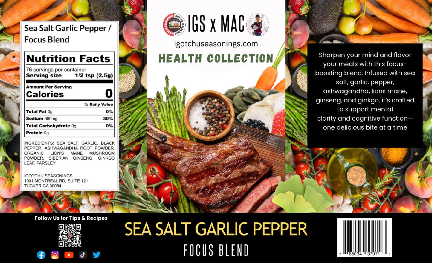 Igotchu Seasonings Health Collection Collab Bundle label showing 8 oz spice blend with natural ingredients and colorful branding design.