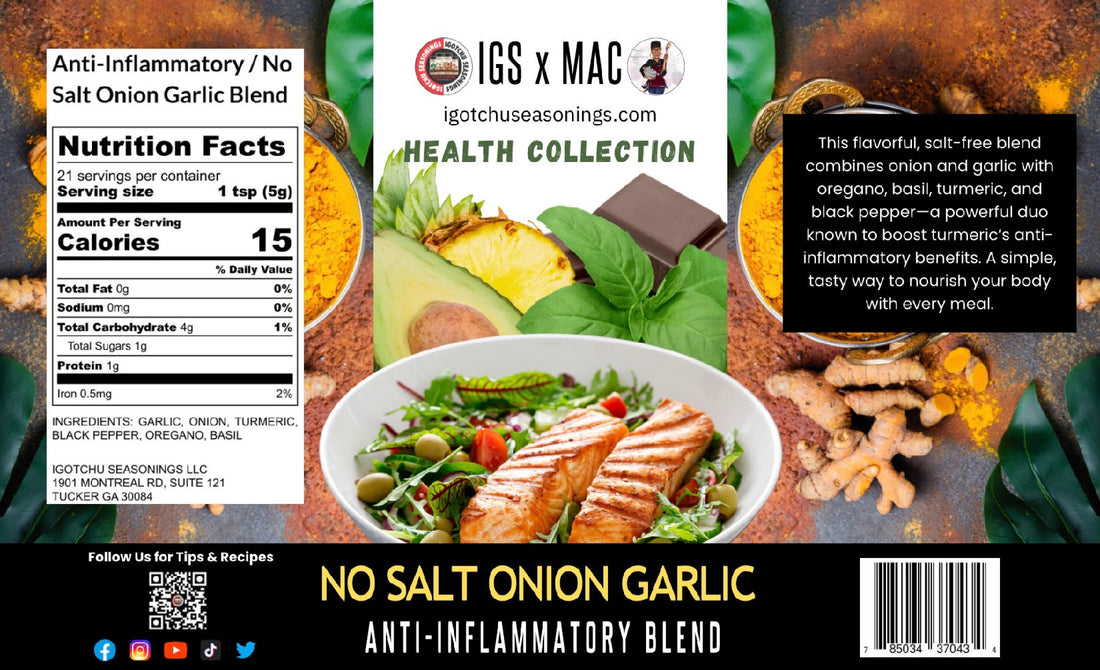 Igotchu Seasonings 8 oz Health Collection Collab Bundle with anti-inflammatory label on the jar, featuring natural herbs and spices.