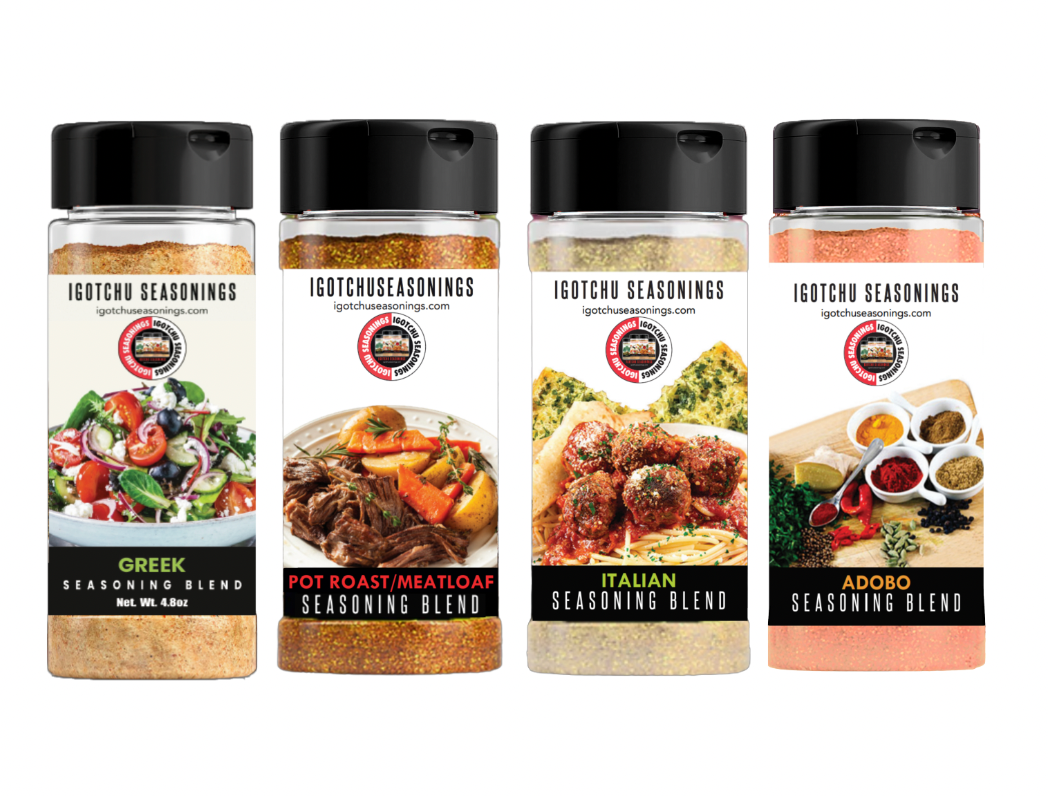 Close-up of The Mediterranean seasoning blend by Igotchu Seasonings in a clear glass jar with a label and colorful herbs inside.