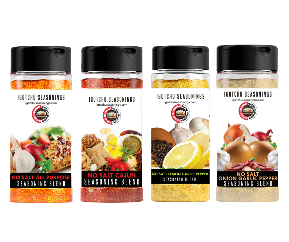 Image of The No Salt seasoning by Igotchu Seasonings, featuring a jar of salt-free spice blend on a wooden surface.