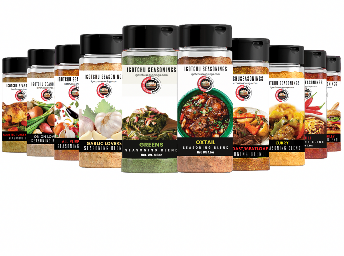 Close-up of Igotchu Seasonings Winter Comfort spice blend in a glass jar, showing the label and colorful herbs and spices inside.