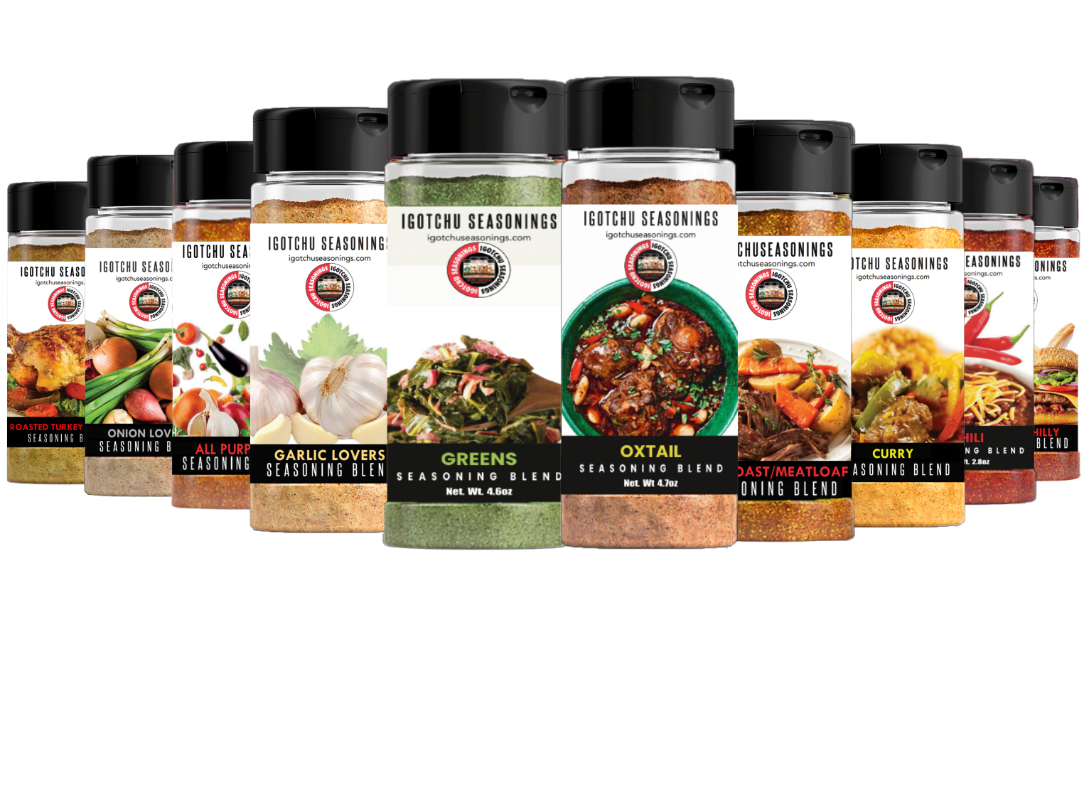 Close-up of Igotchu Seasonings Winter Comfort spice blend in a glass jar, showing the label and colorful herbs and spices inside.