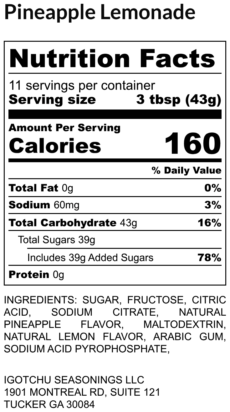 Igotchu Pineapple Lemonade juice nutrition label showing ingredients, nutritional info, and brand details.