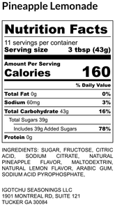 Igotchu Pineapple Lemonade juice nutrition label showing ingredients, nutritional info, and brand details.