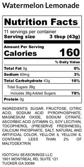 Igotchu Watermelon Lemonade juice bottle with nutrition facts label, showcasing fresh watermelon and lemon flavor details.