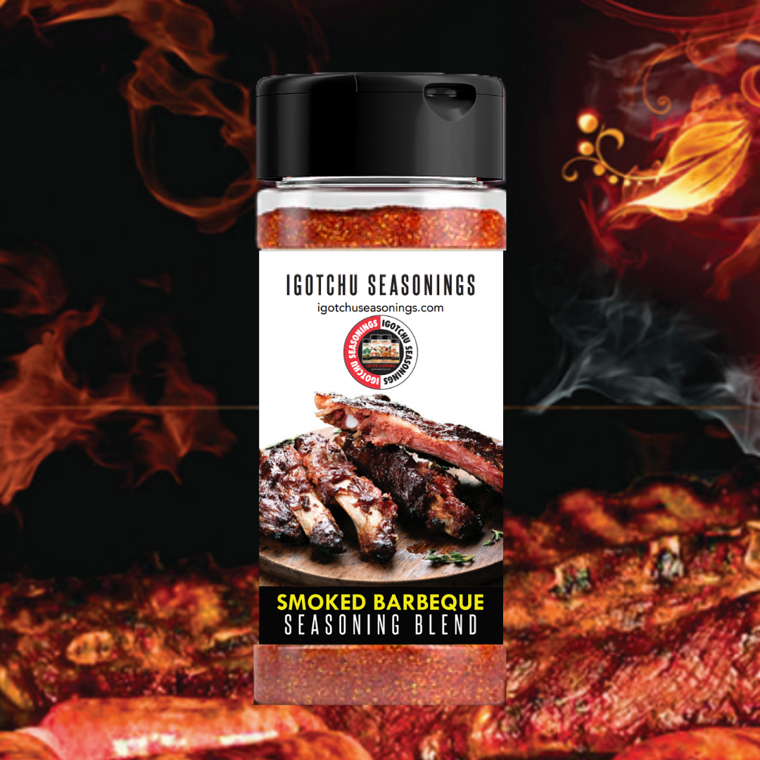 Igotchu BBQ seasoning in a jar with smoked barbeque flavor, perfect for grilling and enhancing grilled meat dishes.