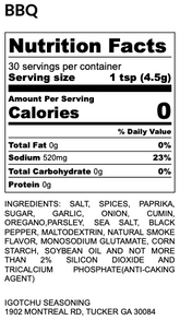 Nutrition facts label for Igotchu BBQ Seasoning, a flavorful seasoning blend by Igotchu Seasonings.