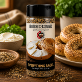 Igotchu Seasonings Everything Bagel seasoning blend in a jar, featuring sesame seeds, poppy seeds, garlic, and onion flakes.