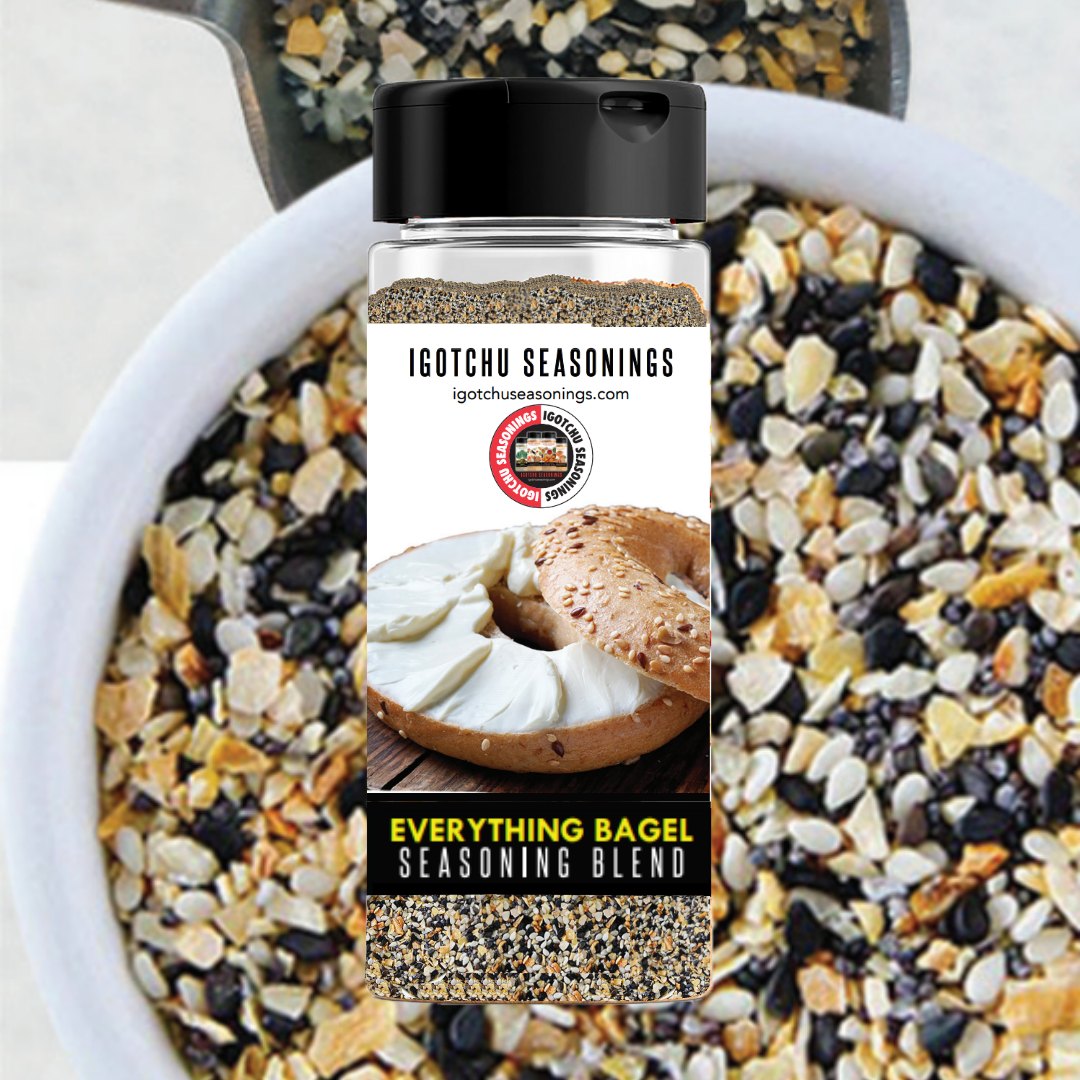 Igotchu Seasonings Everything Bagel seasoning blend in a jar with a colorful label, featuring sesame, poppy seeds, and spices.
