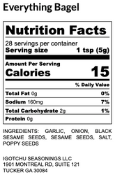 Igotchu Seasonings Everything Bagel seasoning packet with nutrition facts label, featuring sesame, poppy seeds, and seasonings.