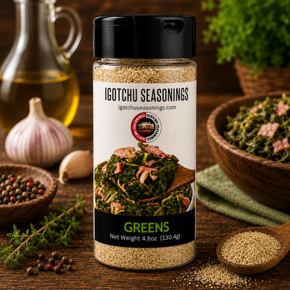 Igotchu Greens Seasoning container with a label, showcasing a blend of herbs and spices for flavoring dishes.