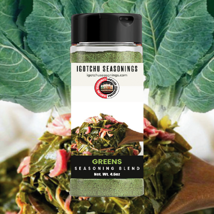 Igotchu Greens Seasoning container with vibrant green herbal seasoning blend for enhancing flavor in dishes.
