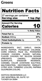 Igotchu Greens Seasoning container with nutrition facts label showing natural seasoning blend for healthy flavor enhancement.