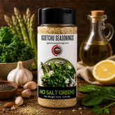 Igotchu No Salt Greens Seasoning jar showing green herbs and spices, ideal for healthy seasoning without added salt.