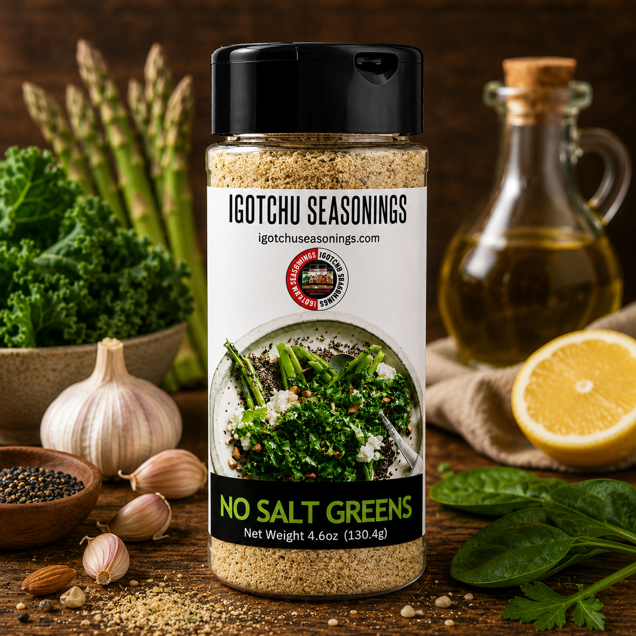Igotchu No Salt Greens Seasoning jar showing green herbs and spices, ideal for healthy seasoning without added salt.