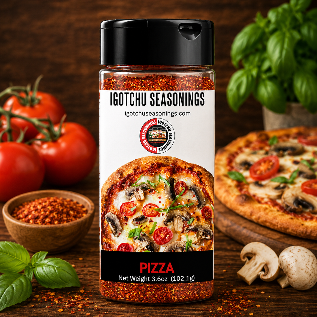 Igotchu Pizza seasoning container with a label, showcasing a blend of herbs and spices for flavorful pizza seasoning.