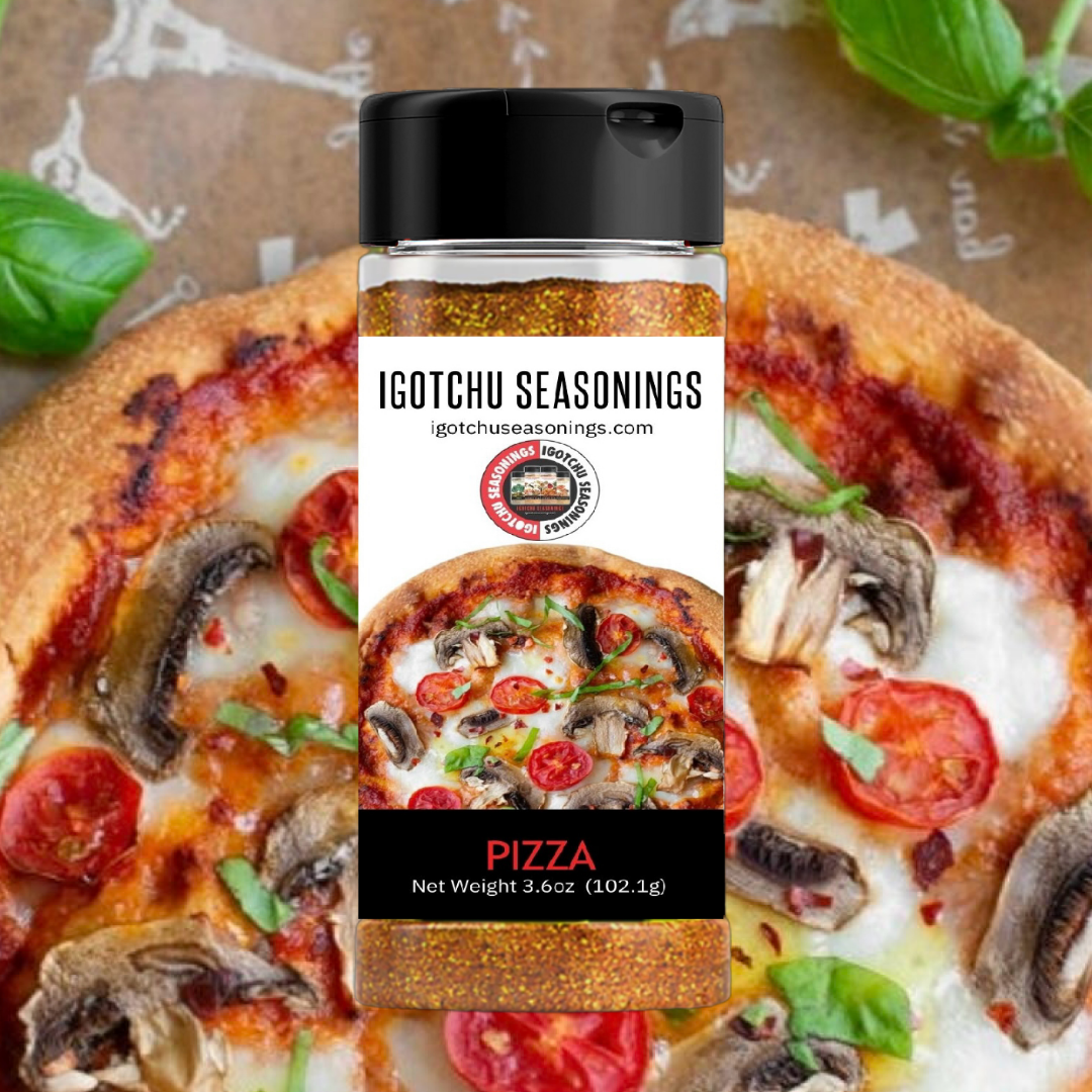 Igotchu Pizza Seasoning bottle with label, showcasing seasoning spices in a clear container on a neutral background.
