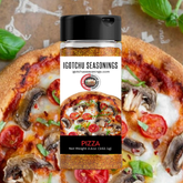 Igotchu Pizza Seasoning bottle with label, showcasing seasoning spices in a clear container on a neutral background.