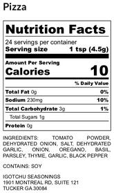Igotchu Pizza seasoning label showing ingredients and nutritional information in black and white on a white background.