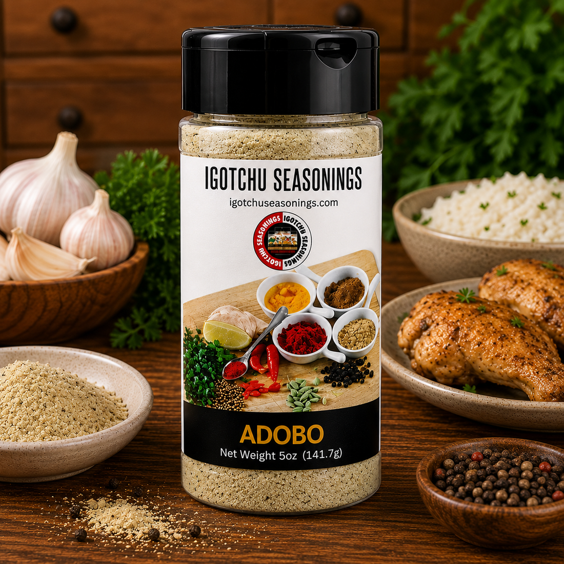 Igotchu Adobo seasoning in a spice jar, featuring a label with the Igotchu Seasonings brand, ideal for adding flavor to dishes