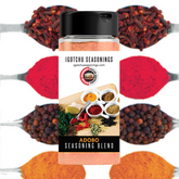Igotchu Adobo seasoning in a jar, featuring a blend of spices used for savory Filipino dishes, displayed with a spoon and spices.