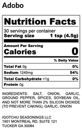 Igotchu Adobo seasoning jar with nutrition facts label, showcasing a blend of spices used for flavorful Filipino dishes.