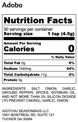 Igotchu Adobo seasoning jar with nutrition facts label, showcasing a blend of spices used for flavorful Filipino dishes.