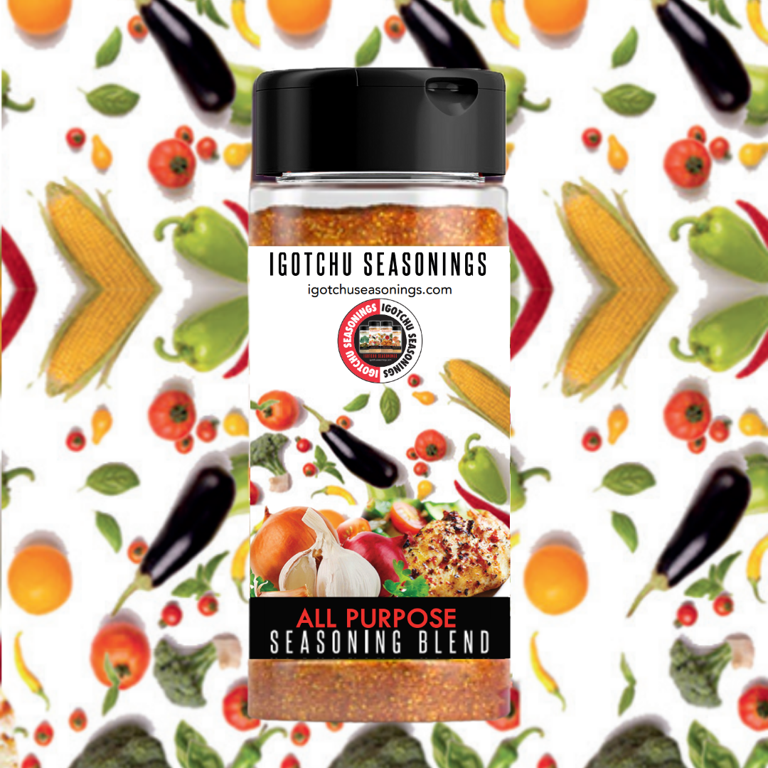 Igotchu All Purpose Seasoning jar with label, versatile spices blend for enhancing various dishes in the kitchen.