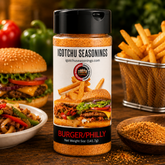 Igotchu Burger Philly seasoning packet from Igotchu Seasonings, with a close-up of the flavor-filled spice blend for burgers.