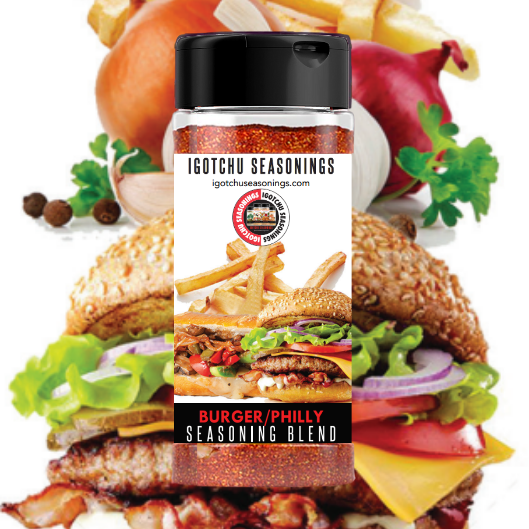 Igotchu Burger Philly seasoning in a jar, featuring a blend of spices for flavorful burger and Philly-style dishes.