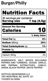 Igotchu Burger Philly seasoning packet with nutrition facts, featuring a blend of spices for flavorful burgers and sandwiches.