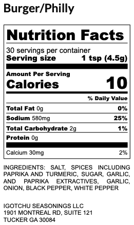 Igotchu Burger Philly seasoning packet with nutrition facts, featuring a blend of spices for flavorful burgers and sandwiches.