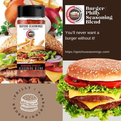 Igotchu Burger Philly seasoning in a jar, featuring spices and herbs for flavorful burger and Philly cheese steak dishes.