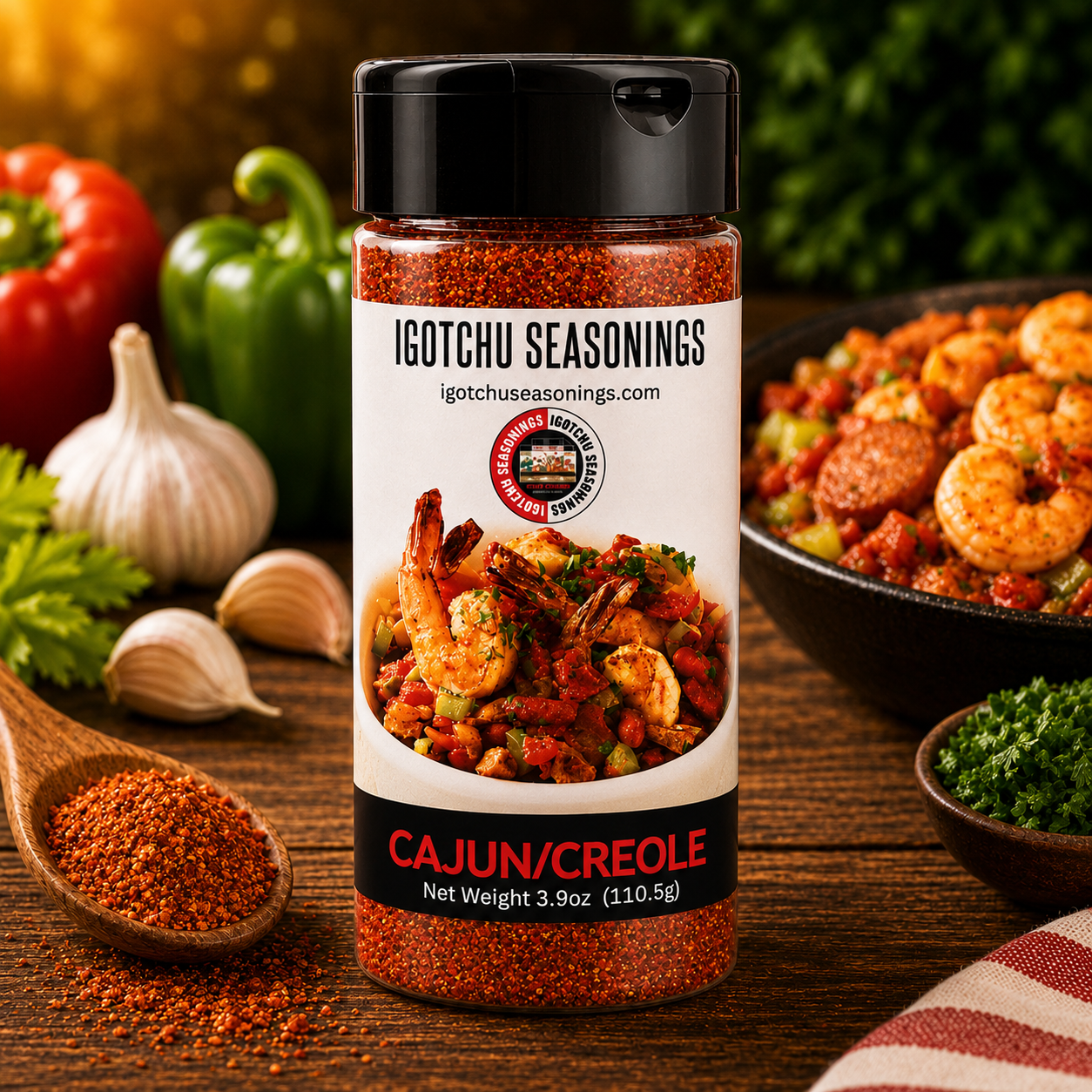 Igotchu Cajun Creole seasoning jar with spice blend, featuring vibrant herbs and spices for Cajun and Creole dishes.