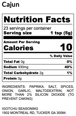 Igotchu Cajun Creole seasoning jar with nutrition facts label, showcasing a blend of spices for Cajun and Creole dishes.