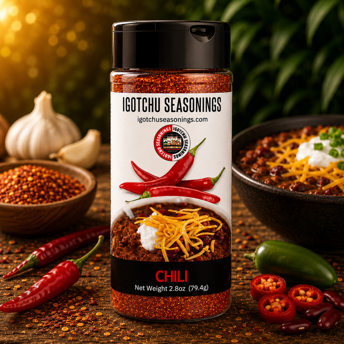 Igotchu Chili Seasoning in a container, featuring vibrant red chili flakes and spices for flavorful cooking.