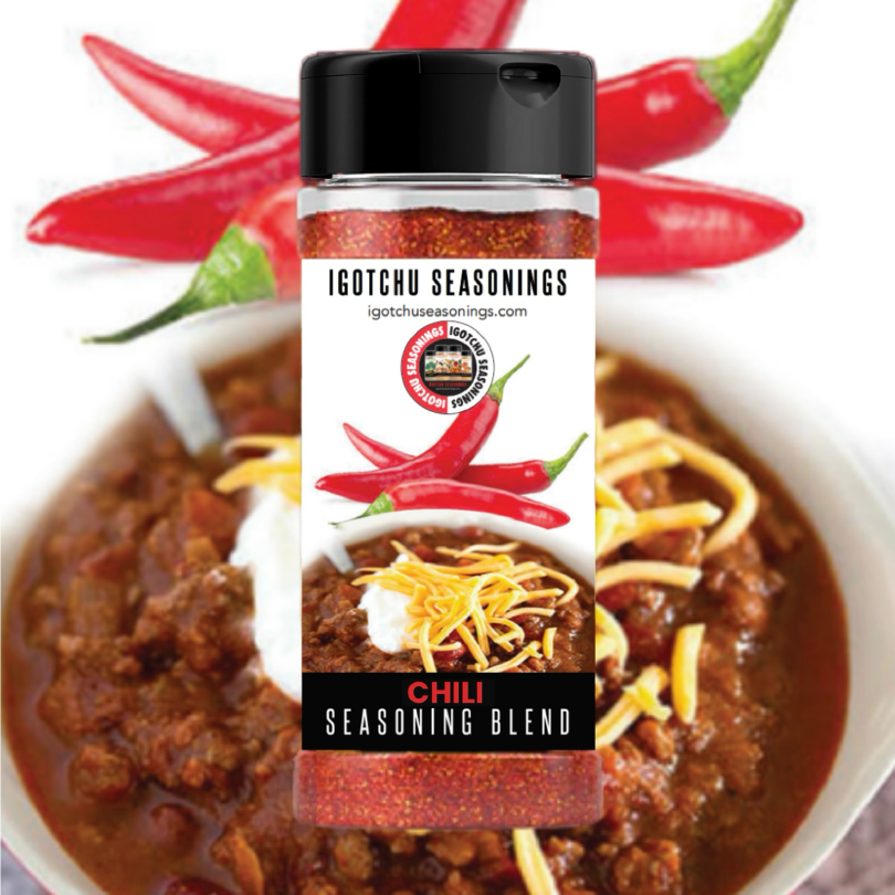 Igotchu Chili Seasoning in a jar, showing vibrant red chili powder and spices for flavorful seasoning.