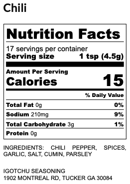 Igotchu Chili Seasoning jar with nutrition facts label showing ingredients and nutritional information for spicy flavor enhancement.