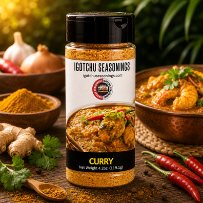 Igotchu Curry Seasoning jar with spice blend, featuring a label and colorful packaging for flavorful cooking.