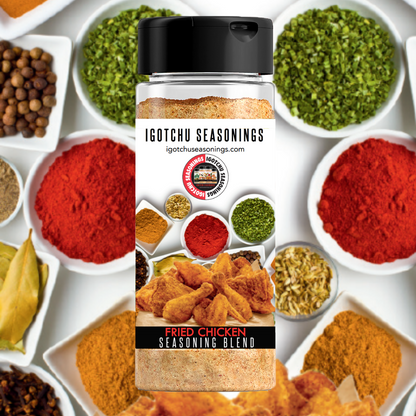 Igotchu Fried Chicken seasoning container from Igotchu Seasonings, with a close-up of the spice blend and label.