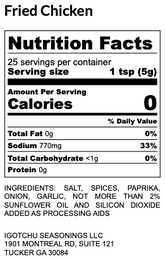 Container of Igotchu Fried Chicken seasoning from Igotchu Seasonings, showing nutrition facts label for flavorful spice blend.