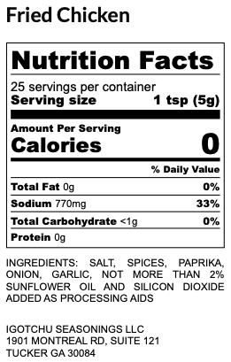Container of Igotchu Fried Chicken seasoning from Igotchu Seasonings, showing nutrition facts label for flavorful spice blend.