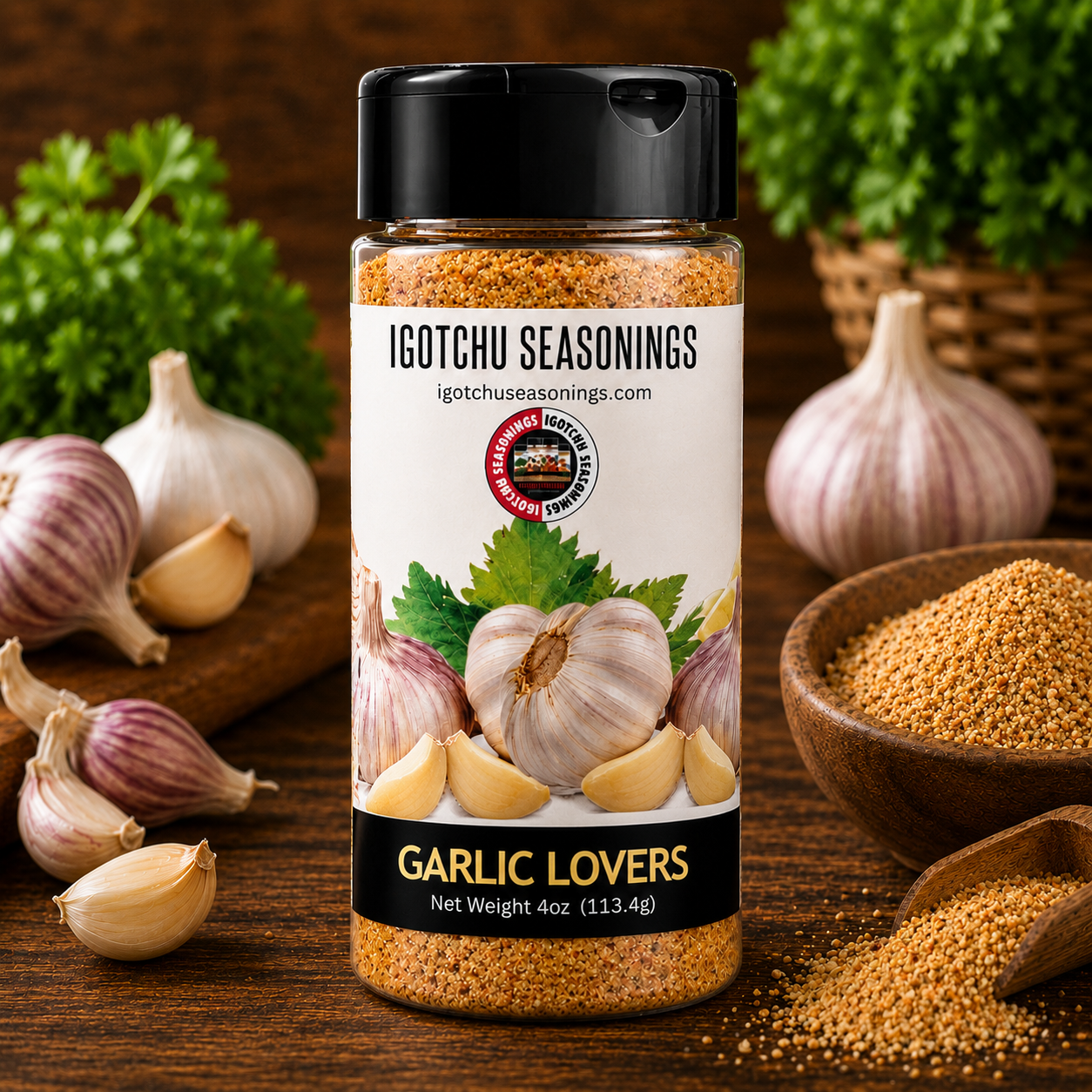 Igotchu Garlic Lovers seasoning jar from Igotchu Seasonings with garlic-themed label, showcasing flavorful garlic spice blend.
