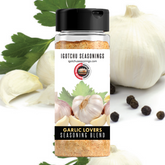 Igotchu Garlic Lovers seasoning jar from Igotchu Seasonings, featuring a label with garlic cloves and seasoning details.